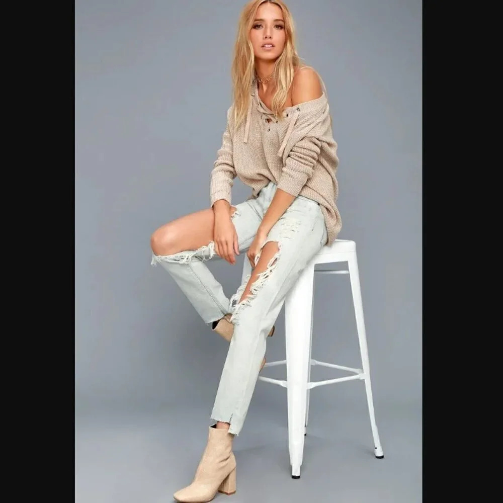 One x One Teaspoon High Waist Awesome Baggies Light Wash Destroyed Jeans